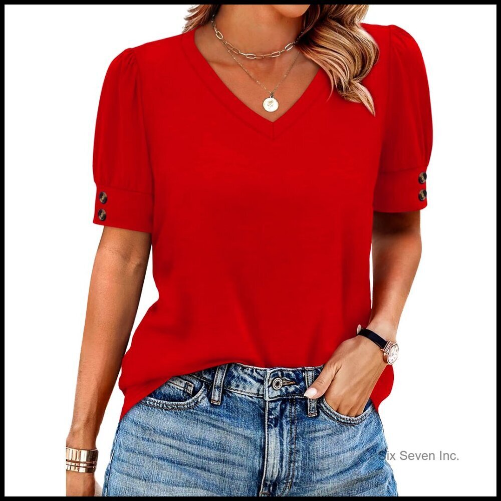 Short Sleeve Button Blouse V Neck Elegant Casual Spring Summer Plus Size Top
